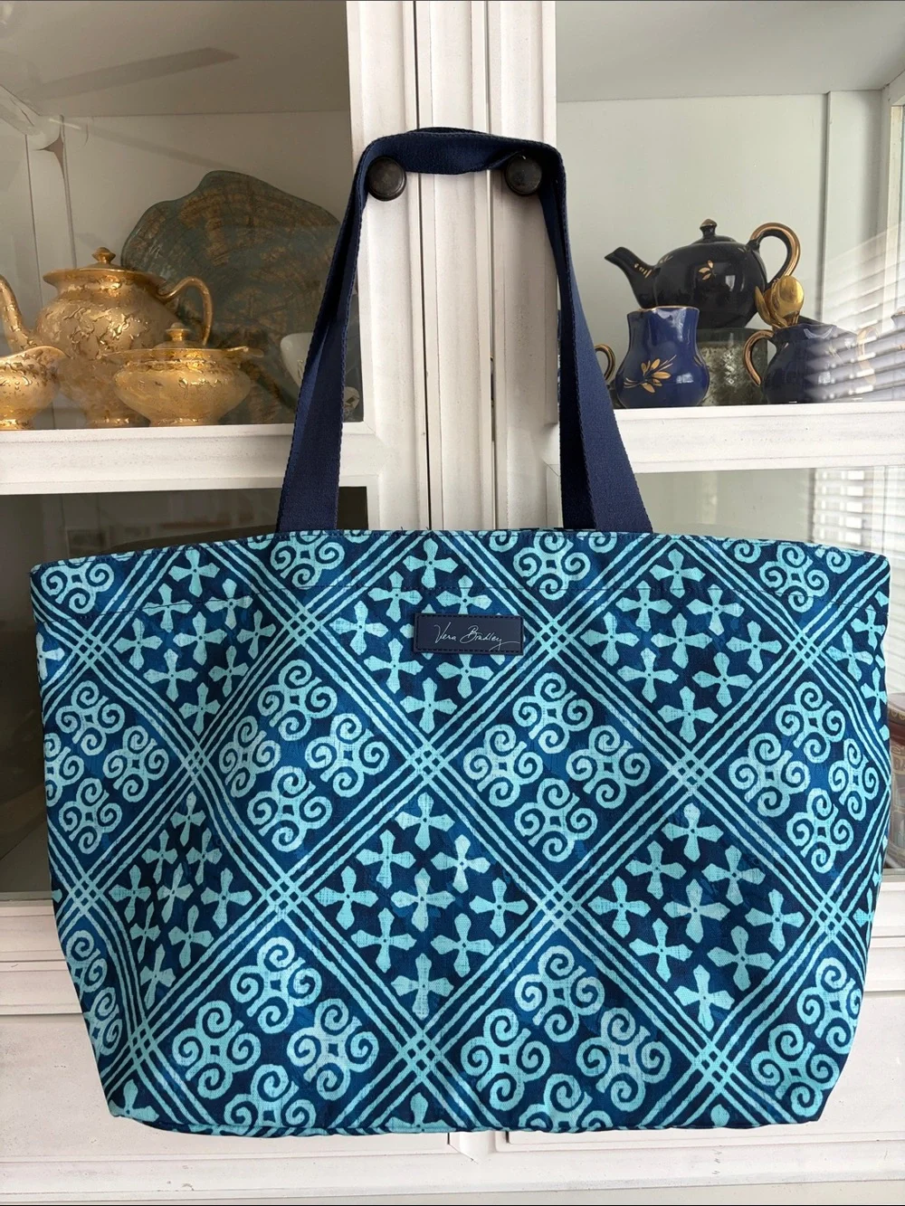 Era Bradley Blue Patterned Tote Bag with Navy Handles